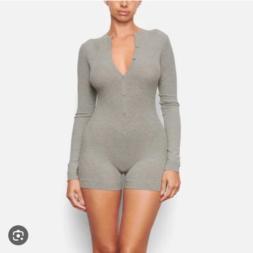 Skims Soft Lounge Henley Button Up Onesie - heather grey - medium